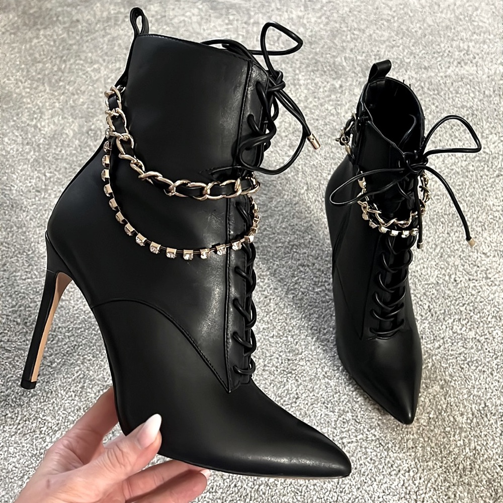Aldo lace up stiletto booties with chains